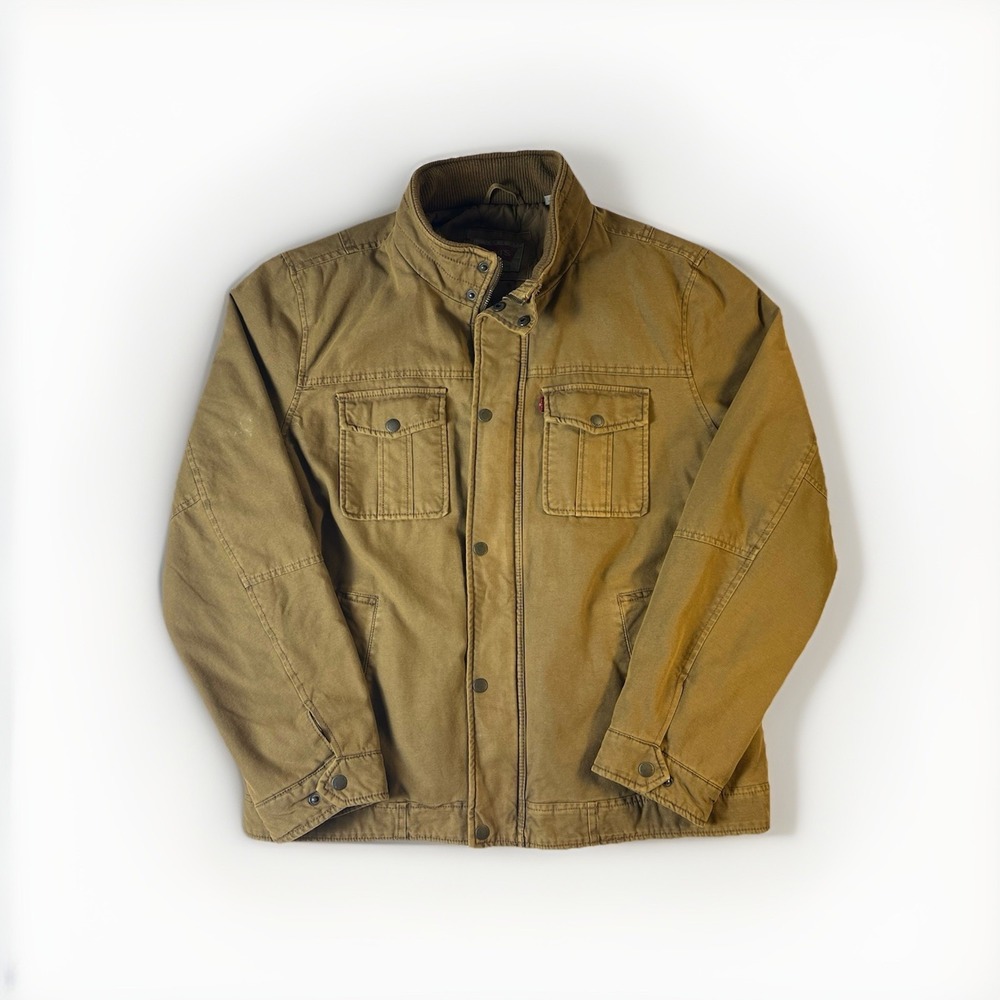Levis Mens Brown Cotton Canvas Quilted Field Trucker Jacket Mock Neck LARGE